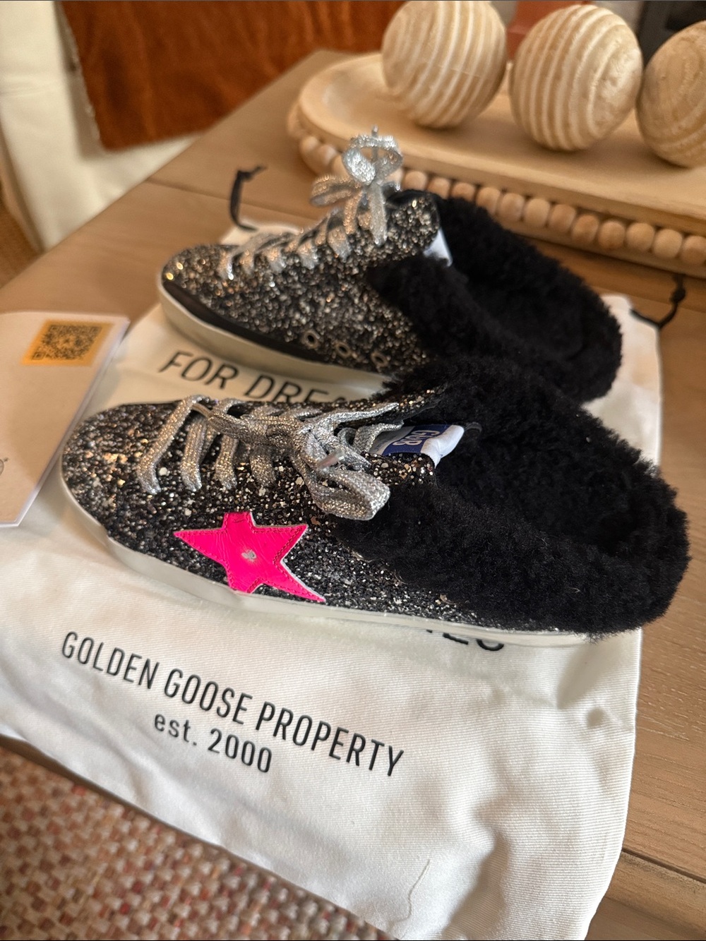 Golden Goose Women's Glitter Slip-On Sneaker in Black with Pink Star